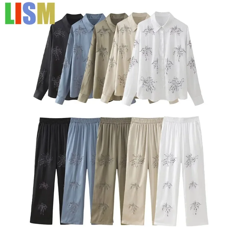 

LISM 2025 Summer New Product Women's Fashion Casual Flip Collar Beaded Embroidered Shirt High Waist Embroidered Pants Set