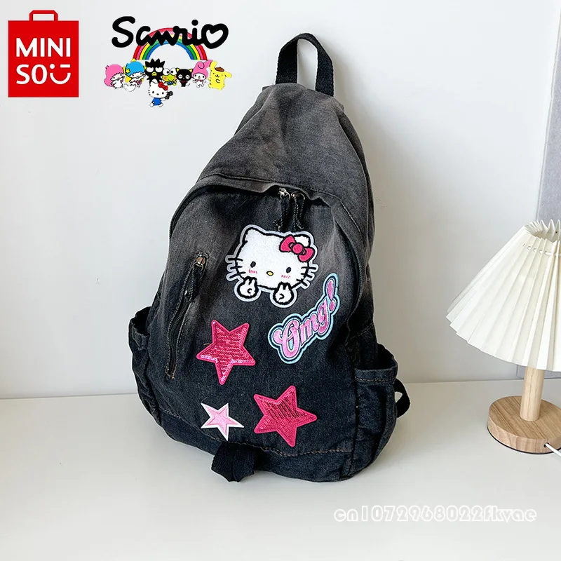 Hello Kitty New Women\'s Backpack Fashionable High Quality Denim Backpack Cartoon Personalized Large Capacity Student Backpack