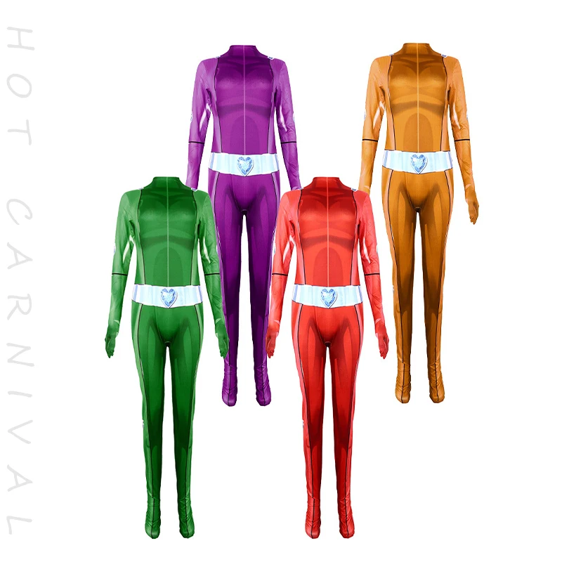 أزياء T-Totally Spies التأثيرية Zentai بدلة فتاة النساء للهالوين أنيمي البرسيم Ewing سامانثا سيمبسون ألكسندرا كرنفال جزء