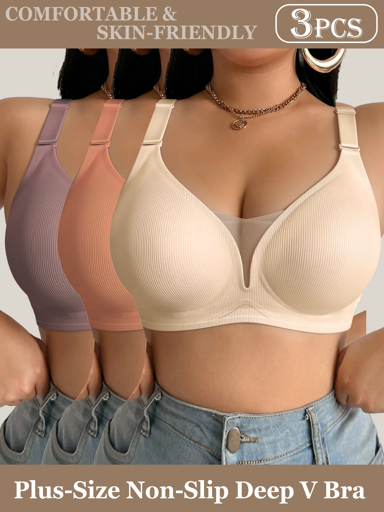 3er-Pack Plus Size Push-up-BHs mit tiefem V-Ausschnitt, gerippte, nahtlose, bügellose Sportunterwäsche, hautfreundliche, atmungsaktive BHs mit breiten Trägern