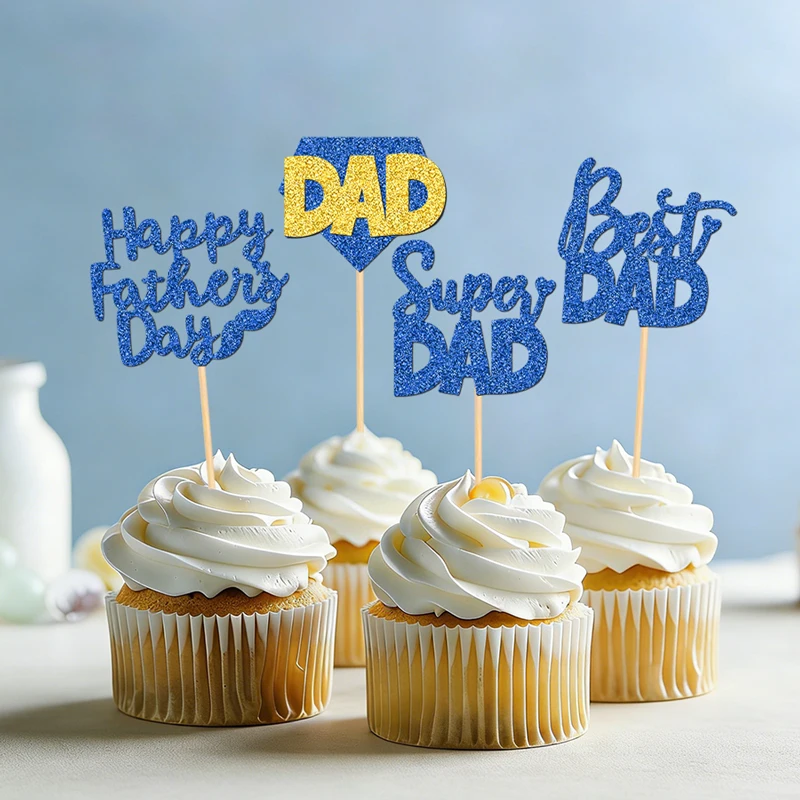 YOMDID Vatertags-Kuchendekoration Glitzer Happy Father's Day Cupcake-Topper Papa Super Dad Schnurrbart Kuchendekorationen