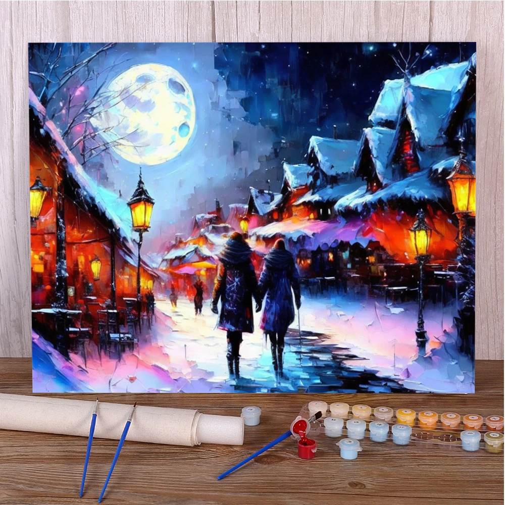 Landscape Winter Street Coloring By Numbers Painting Package Acrylic Paints 40*50 Boards By Numbers Handmade Crafts For Adults