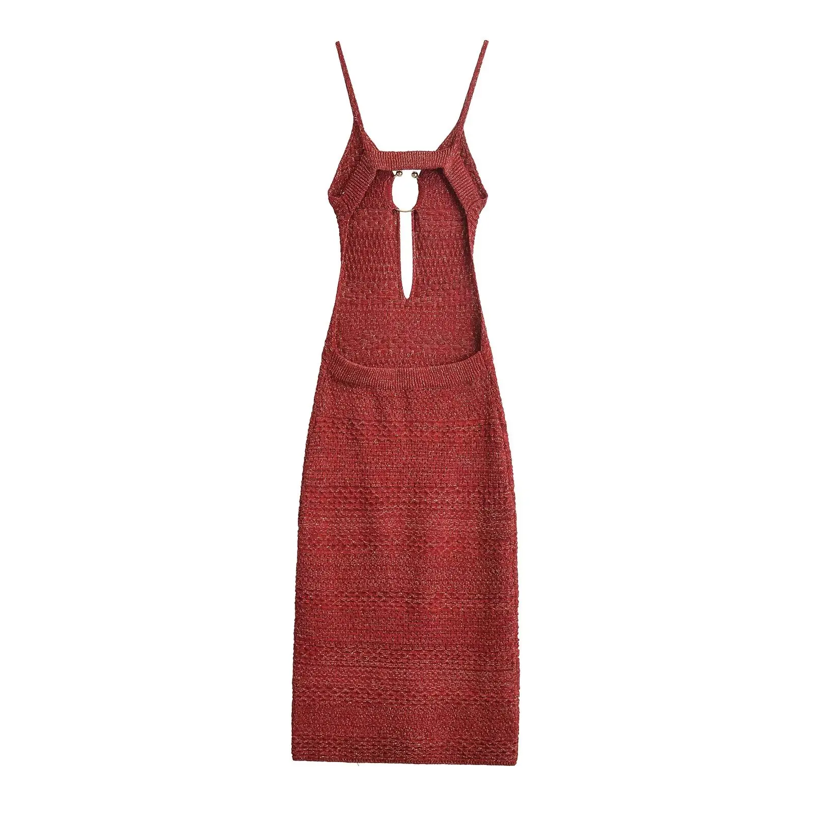 Tangada 2024 Women Red Hollow Strethy Knitted Dress Female Chic Backless Long Dresses AI081