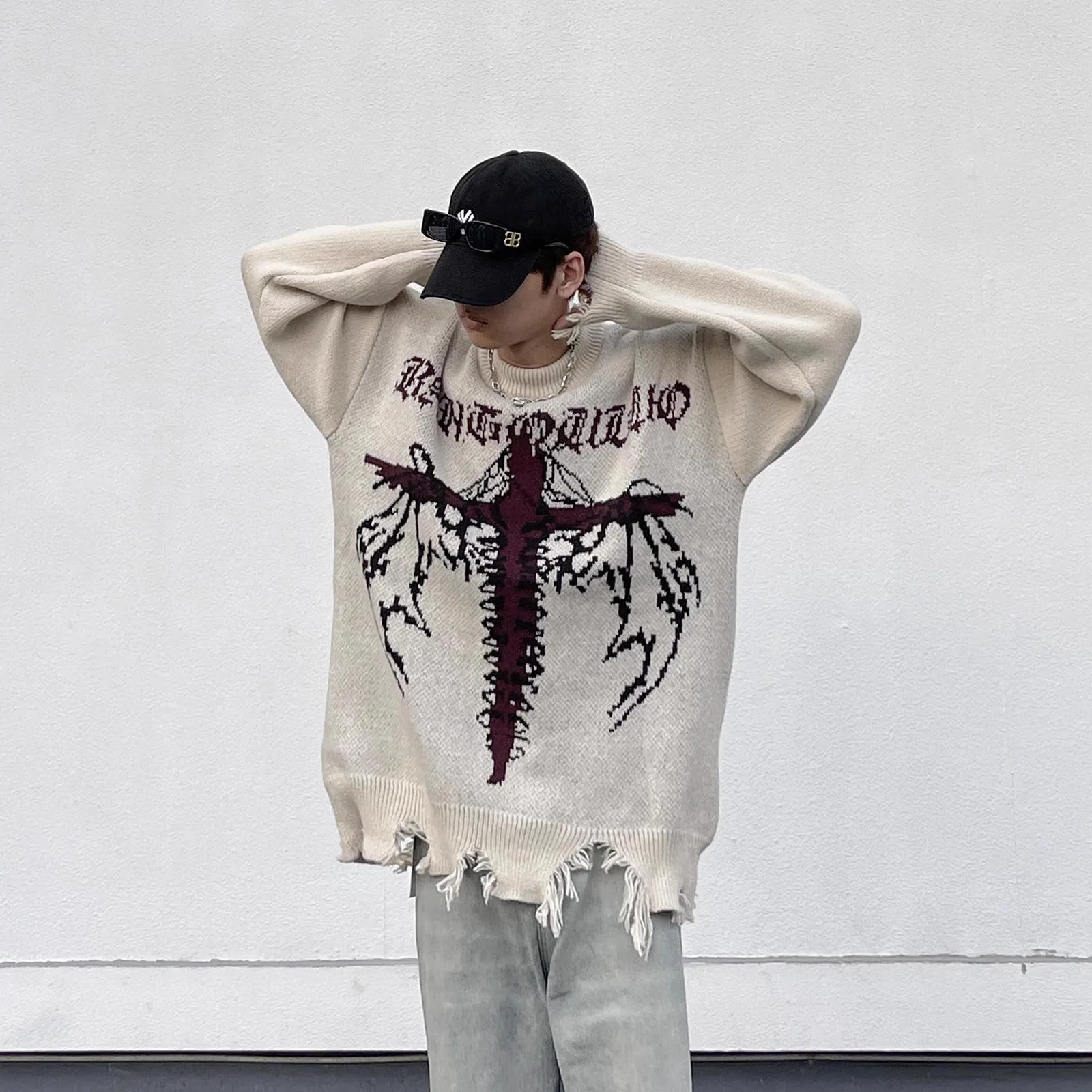 

Мужской вязаный свитер оверсайз с вышивкой в виде крыльев, модный винтажный дизайн, американский стиль, зимний, с длинными рукавами