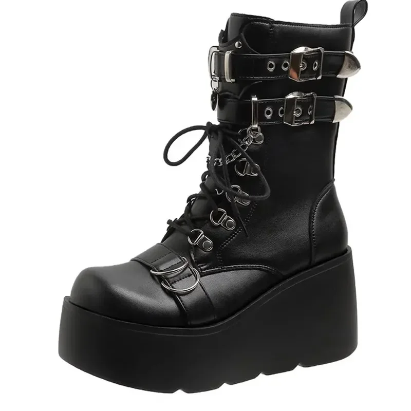 

Женские ботильоны 2025 года, мотоциклетная обувь на каблуке 9 см, кожаные зимние кроссовки на высокой платформе, женские короткие ботинки в стиле панк с цепочкой