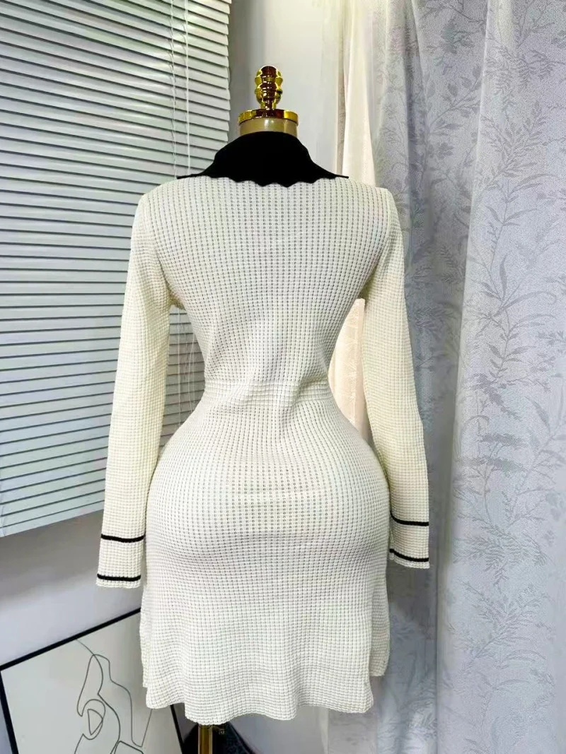 เดรสไหมพรมทรงเข้ารูปสวยหรู เสื้อผ้าฤดูใบไม้ร่วงสำหรับผู้หญิง แขนยาว คอปกพับได้ ทรงบอดี้คอน มินิเดรส สไตล์ OL เดรสไหมพรม ชุดเดรสผู้หญิง