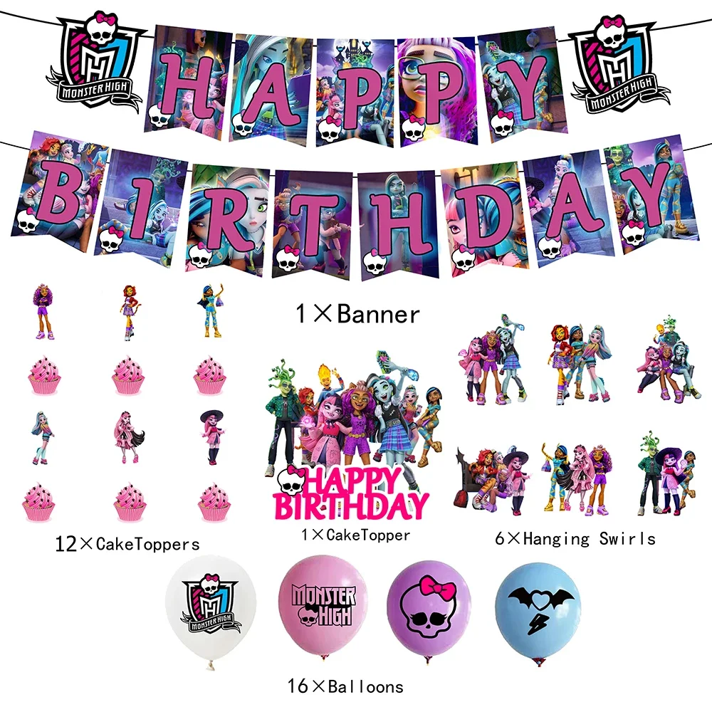 Hot Monster High Birthday Party Supply Disposable Banner Cake halloween Hanging Flag Monster High Balloons Birthday Decoration