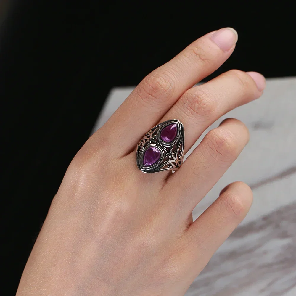 Luxury 925 Sterling Silver Vintage Ring Natural Amethyst Rings Wedding Anniversary Party Ring Gifts for Women Jewelry