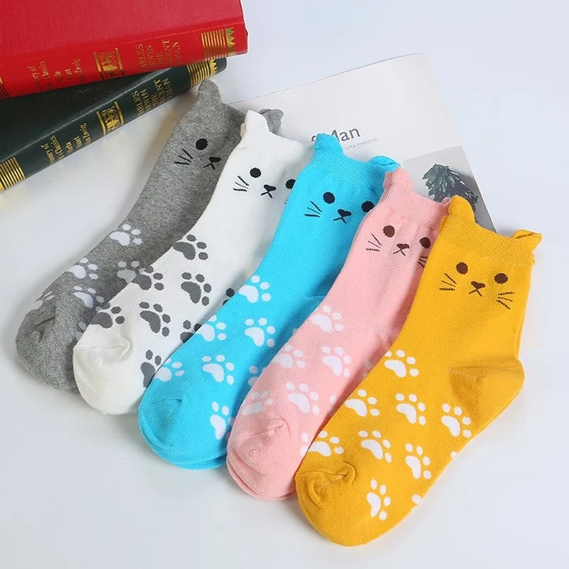 

5 Pairs Hot Sales Fashion Casual Kawaii Cat Ear Footprint Tube Socks Women Harajuku Funny Cute Cartoon Girl Cotton Socks