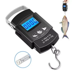 Báscula de mano electrónica LCD portátil, báscula de pescado colgante de viaje con cinta métrica retráctil de 100cm de largo, 50kg/10g