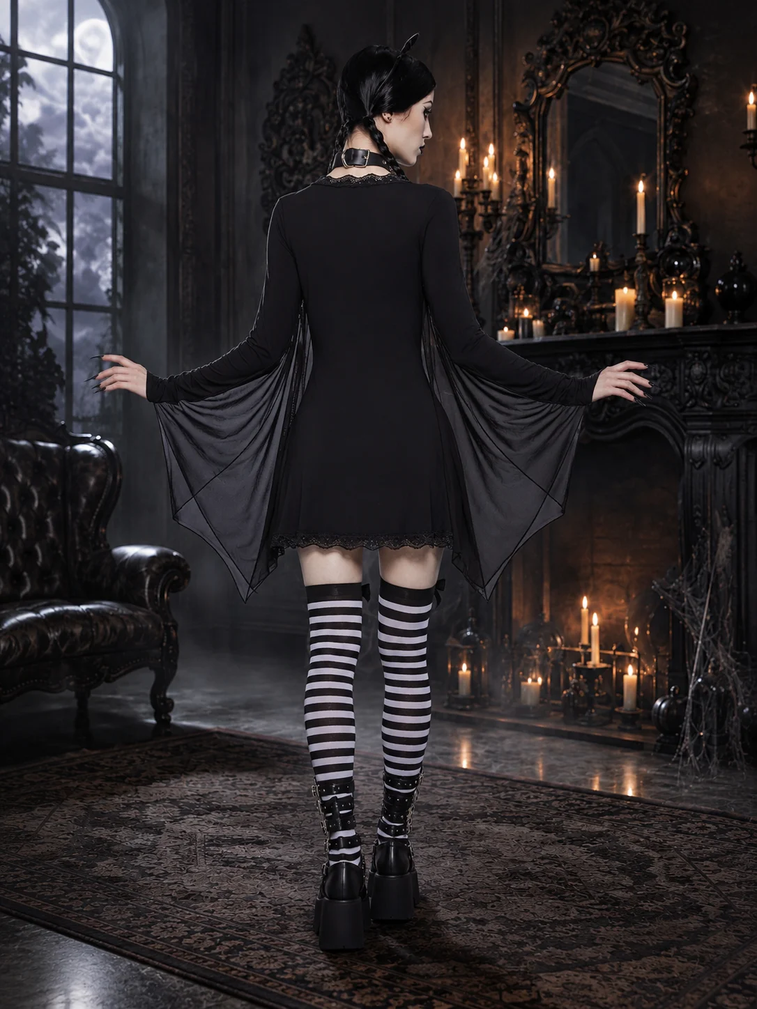 Women Dark Gothic Bat Wing Vampire Dress Lace V Neck Long Sleeve Finger Loop Chiffon Bat Sleeve A Line Mini Dress for Halloween Party Cosplay Carnival Clubwear Night Out，halloween costume, vampire costume, bat wing dress, gothic dress, witch cosplay dress view 2