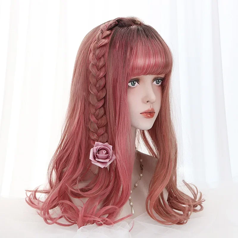 

20"Long Wave Cosplay Lolita Wig With Bangs Red Purple Ombre Synthetic Hair Daily Harajuku Cosplay Wigs For Women Heat Resistant