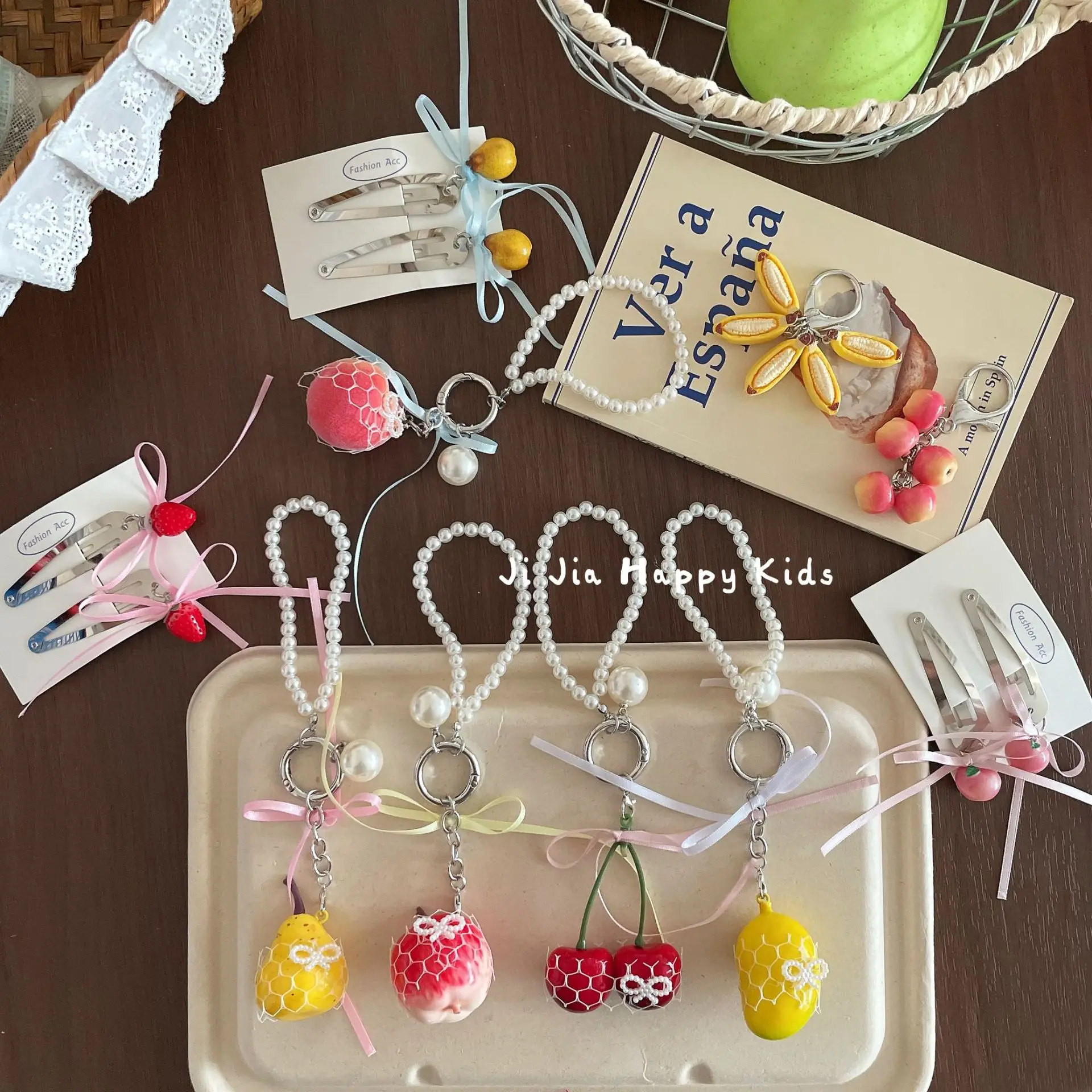 Fruity Pearl Charm Keychain Bag Hanger Phone Lanyard with Bow Hair Clip Cute Handmade Durable for School Travel Decor