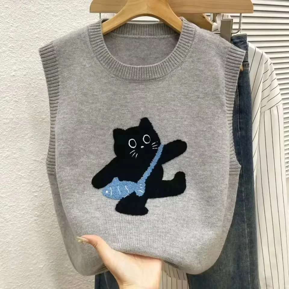 

Y2k Cartoon Jacquard Preppy Style Korean Vest Sweater Women Pullover O Neck Sleeveless Coat Women Windproof Knit Jumper Top
