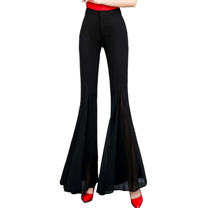 Ladies Chic Chiffon Split Hem Bell-bottoms Pants Women Clothing Girls High Waist Trousers Female Streetwear Clothes Py9822