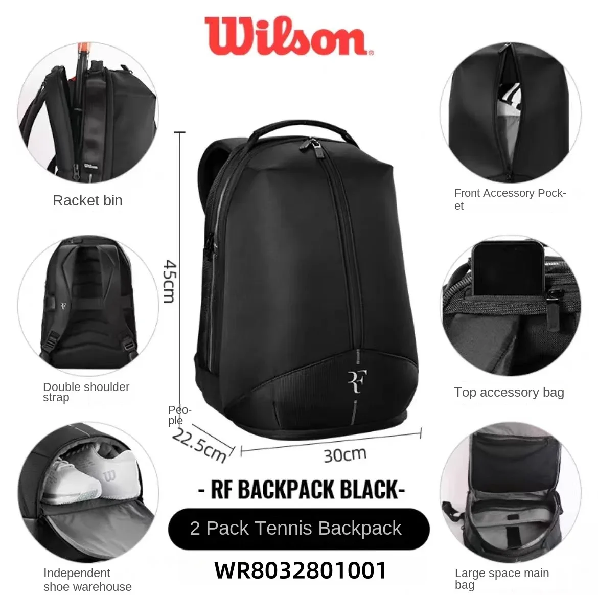 2025 حقيبة ويلسون للتنس RF Tournament Racket Backpack Federer Professional Tennis Backpack حقيبة رياضية متعددة الوظائف