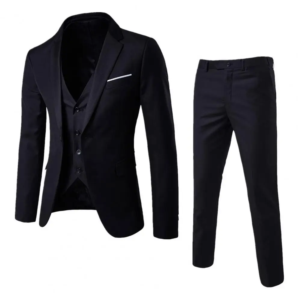 Men Three-piece Suit Formal Business Blazer Suit Pants Set Solid Color Slim Fit Turn-down Collar Anti-wrinkle Groom Wedding Suit