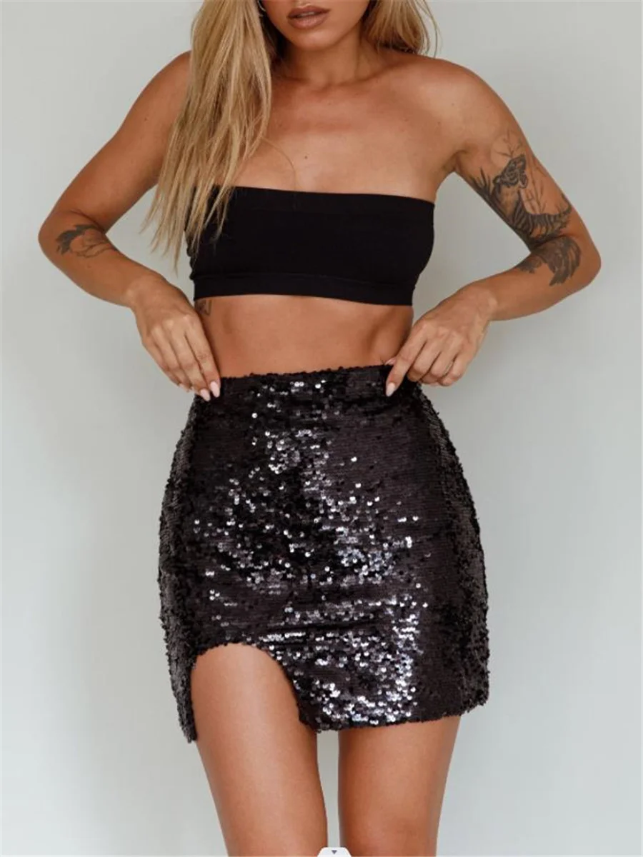 

Women Mini Skirt, High Waist Shiny Sequined Asymmetric Slim Fit Summer Bodycon Skirt Clubwear