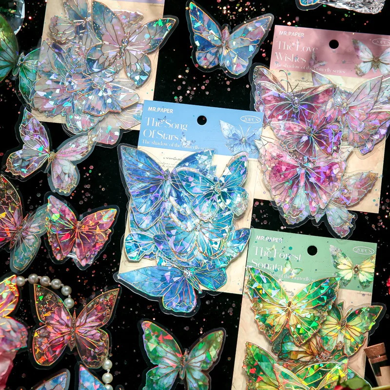 20 PCS/Pack Butterfly Traces Series Stickers, Ice Crystal Foil Butterfly Stickers for Photocard & Journal Collage Decoration