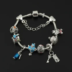 Disney Luxury Charms Bracelet Alice in Wonderland Pulseiras Feminina Silver Plated DIY Fashion Beads Bangle for Women