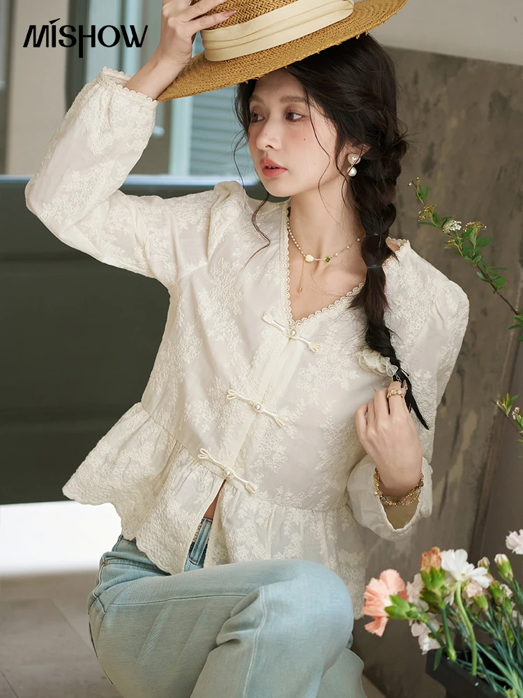 MISHOW Chinese Lace Blouses French Sweet Three-dimensional Embroidery Spring 2024 Button Up V-neck Long Sleeved Top MXD14X1433