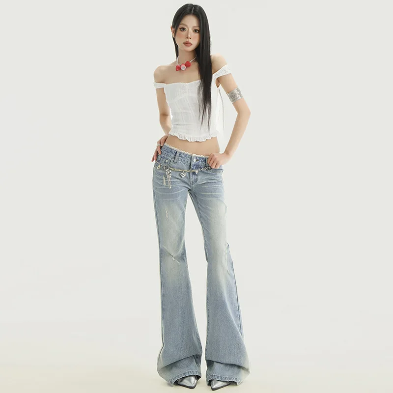 

Spring Summer American Style Lace Patchwork Flared Jeans For Women Slim Fit Low Waist Bootcut