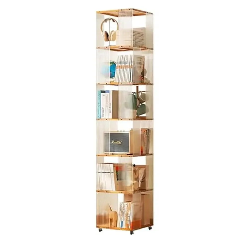 5 Tier Rotating Clear Acrylic Bookshelf Organizer with 360 Display Wheels Living Room Bedroom Office Storage Display Shelf