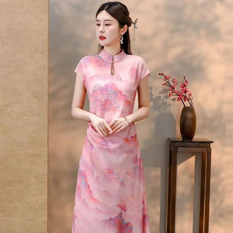 Qipao-Robe Cheongsam Décontractée et Élégante pour Femme, Streetwear à la Mode, Style Ethnique Chinois, Été