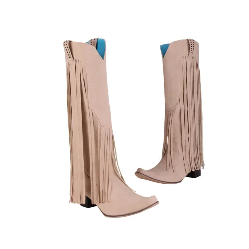 

Botas De Mujer Сапоги до колена Женская дизайнерская модная женская обувь с бахромой на толстом высоком каблуке с острым носком Большой размер 44 45 46 002-1