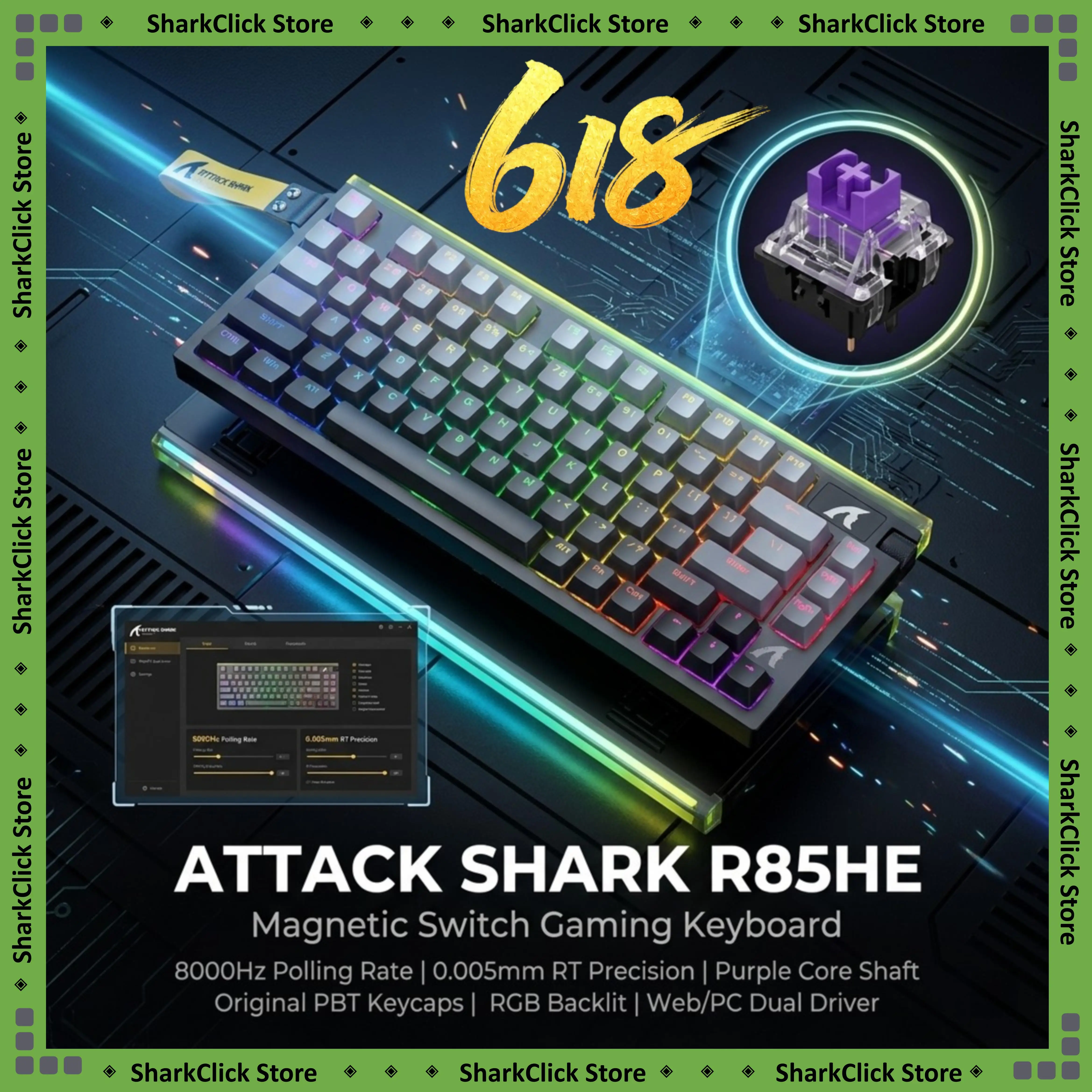 

ATTACK SHARK R85HE Wired Mechanical Keyboard Purple Core Switch PBT Keycap 8000HZ Polling Rate RGB Bottom Light 0.005mm RT
