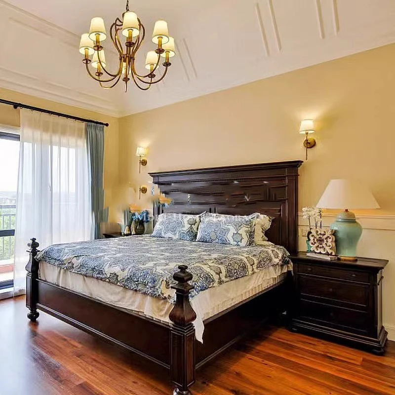 Retro Luxury European Double Bed High End Carved King Size Bedroom Bed Frame Wooden 2 Person Camas De Dormitorio Furniture