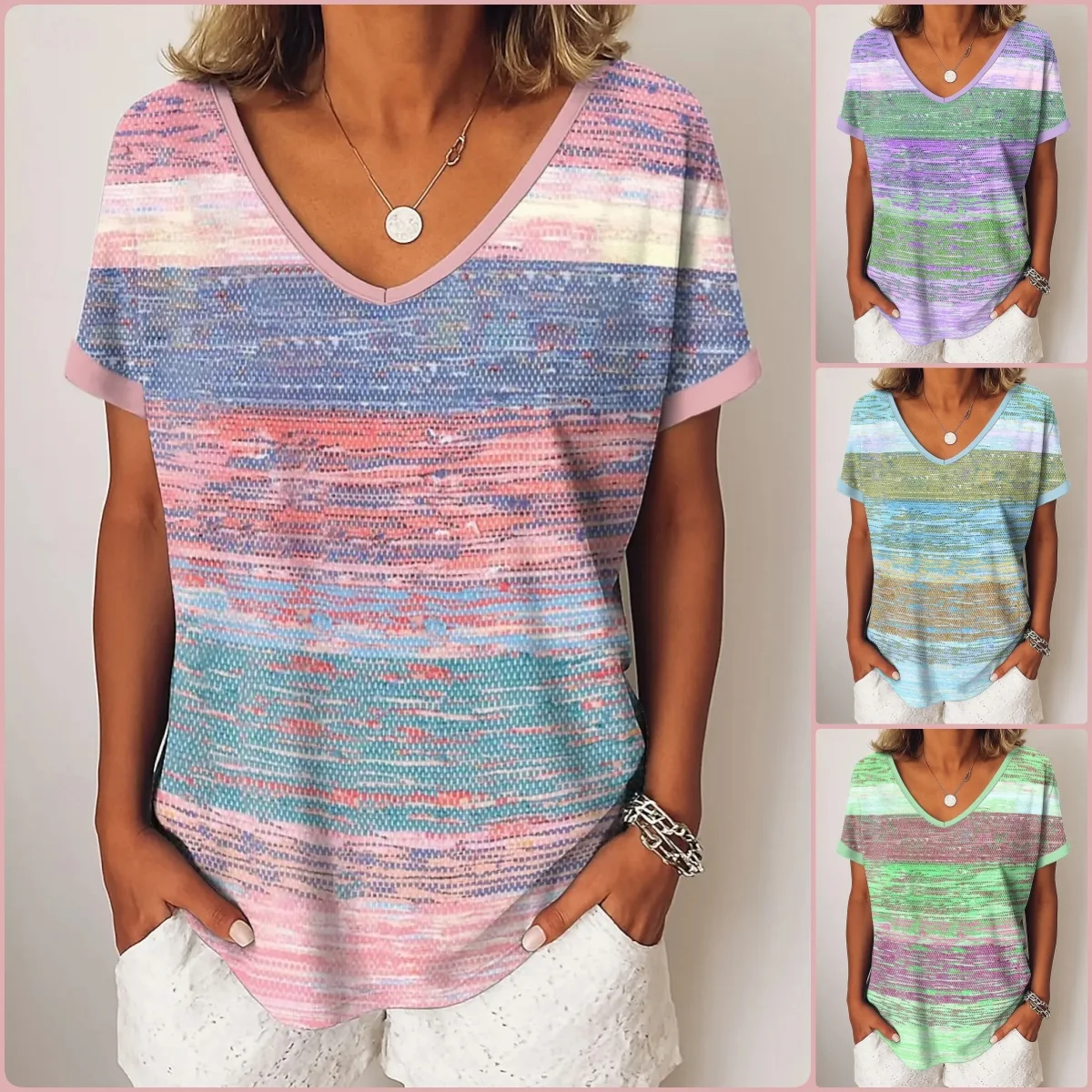 

Pink Striped Style 3D Print Gradient T-Shirt Women Fashion V-Neck Short Sleeve Oversized Casual Tops Tees Female Clothes Sports