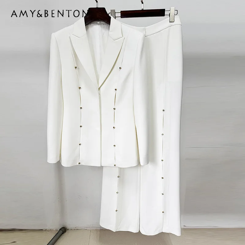 

European American Fashion Design Women's Clothing Heavy Industry Temperament Diamond-encrusted Hollow Out Suit Panst Set Ladies