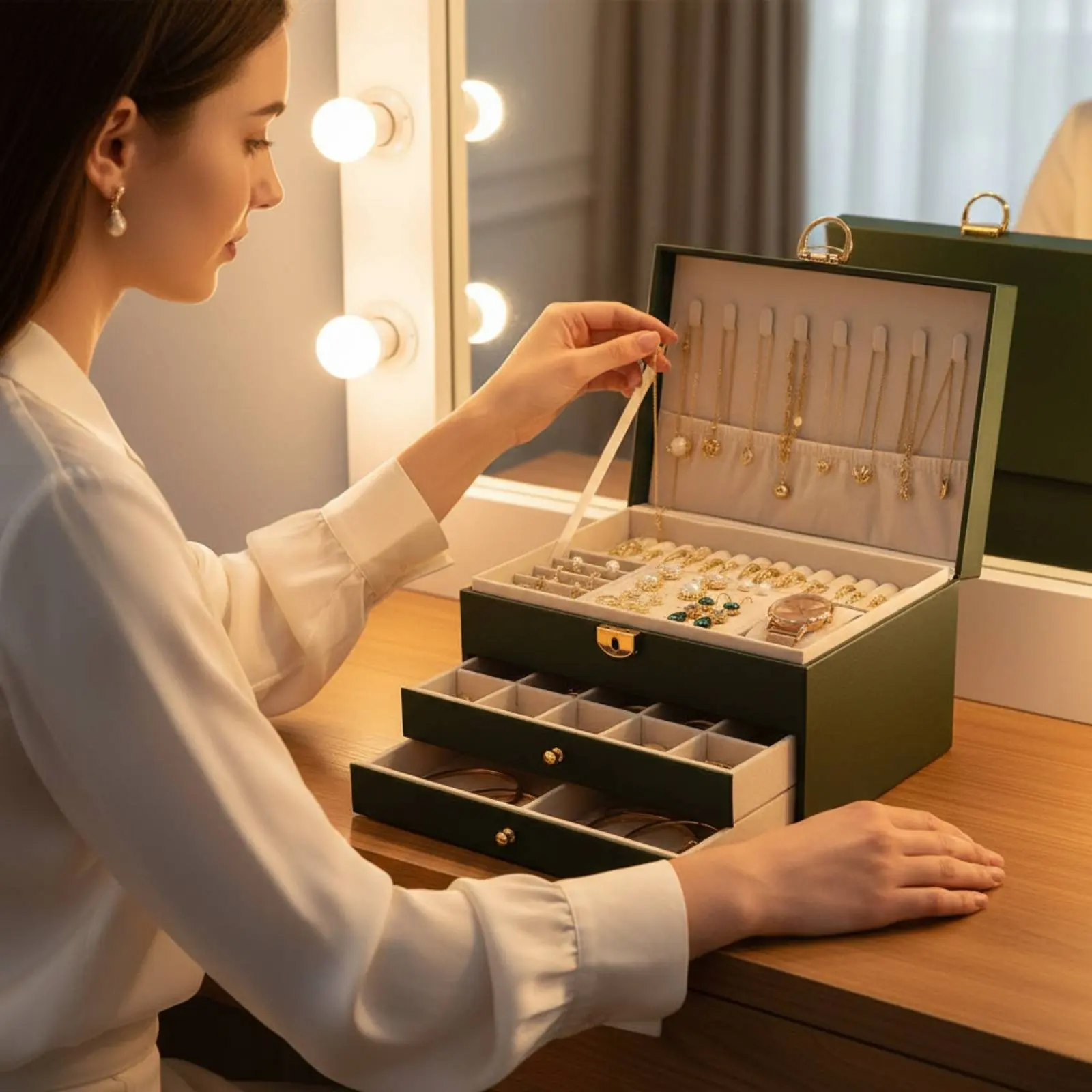 

Двухуровневая портативная шкатулка для украшений, многоярусный футляр для ювелирных изделий, держатель для ожерелий и браслетов, защита от истирания, для женщин, для путешествий