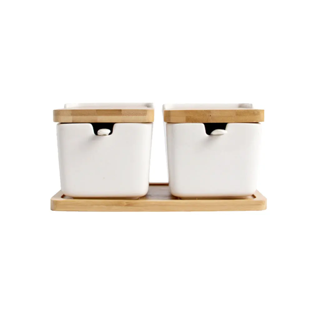 

2 set Salt Set Condiment Storage Jars Bamboo Lid Spice Jar Spice Jar Set Container for Kitchen Home Restaurant Decor