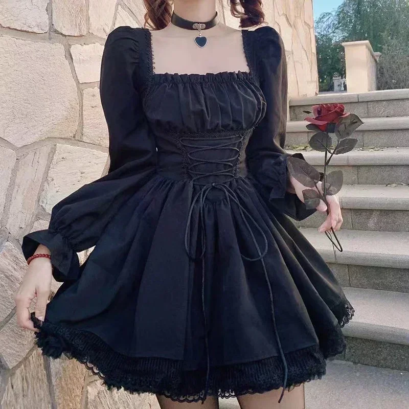 

2025 Long Sleeves Lolita Black Dress Goth Aesthetic Puff Sleeve High Waist Vintage Bandage Lace Trim Party Gothic Clothes Dress