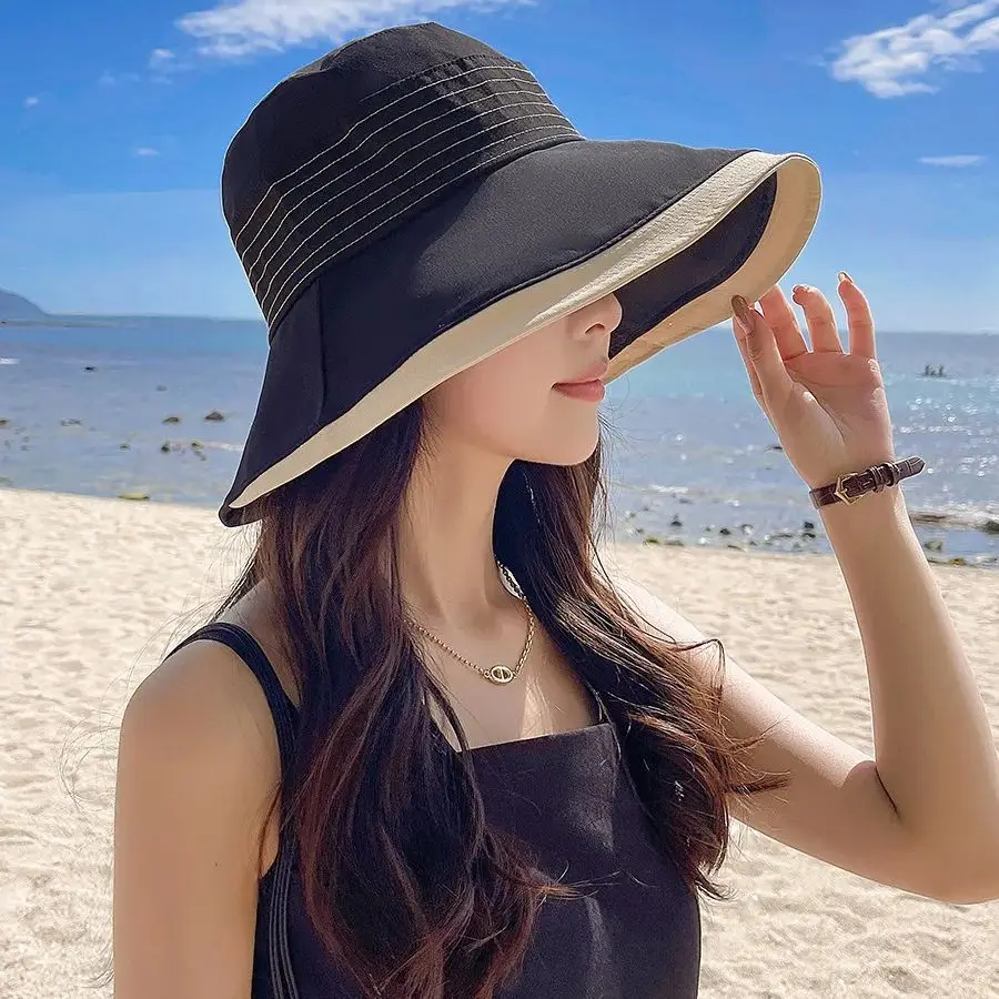 Hat Women\'s Splicing Double Color Alignment Large Brim Fisherman\'s Hat Korea Show Face Small Casual Sun Hat 56-58cm