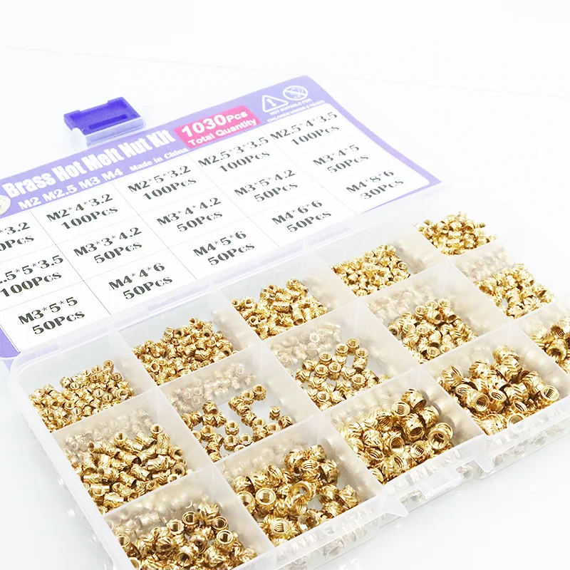 1400x Insert Threaded Kit Brass Nut M2 M3 M4 M5 M6 M8 Hot Melt Heat Set Inserts for Plastic 3D Printer Copper Pipe Insertion Nut