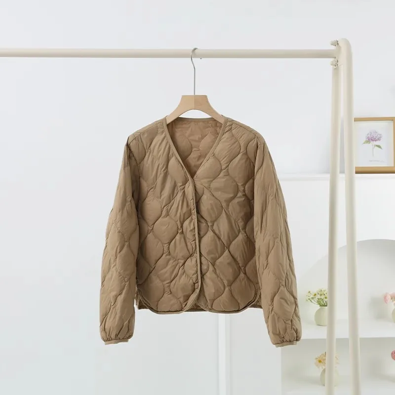 Manteau d'hiver pour femme, col en V, léger, chaud, en duvet de canard blanc, parka courte, simple boutonnage, grande taille, vêtements d'extérieur