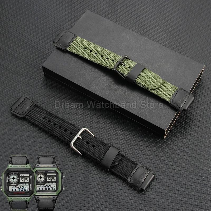 Black Army-green Nylon Watch Band for Casio AE-1300 GW-M5610 F-91W A158 SGW-300 Convex Interface 18x24mm Lightweight Flexible