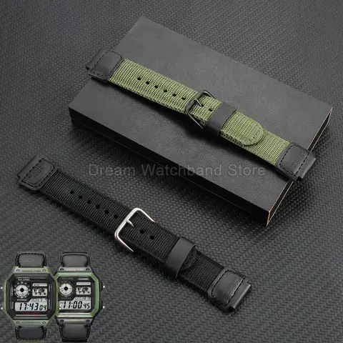 Black Army-green Nylon Watch Band for Casio AE-1300 GW-M5610 F-91W A158 SGW-300 Convex Interface 18x24mm Lightweight Flexible