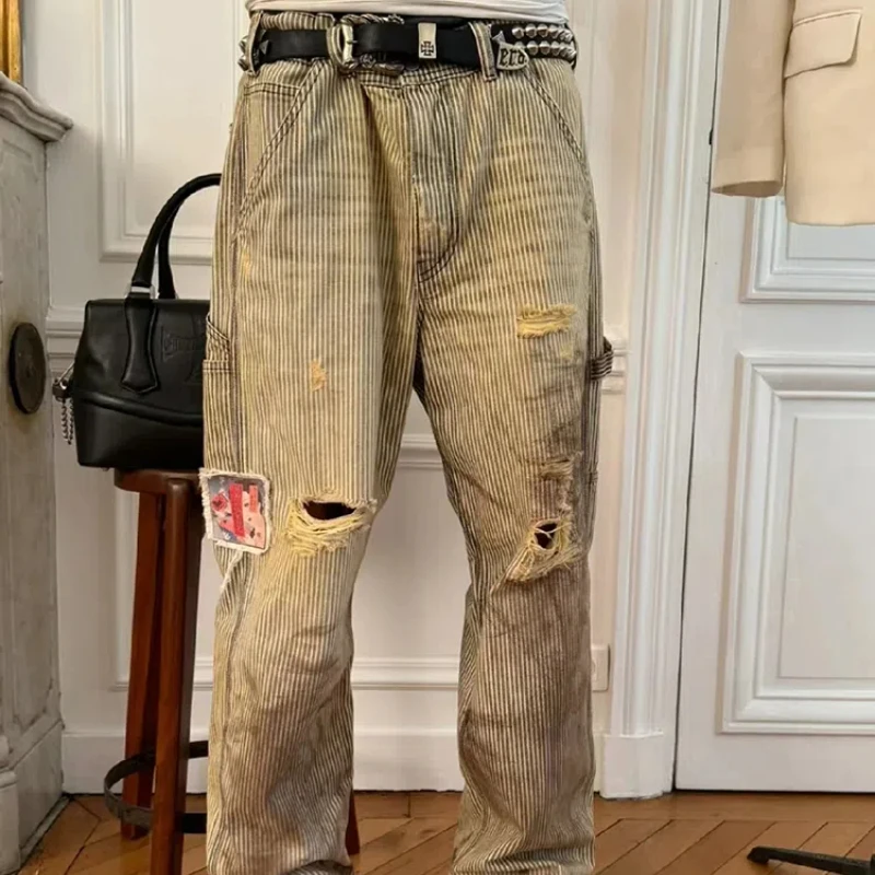 Y2k High Street ERD Distressed Destroy Cargo Men Trouser Pant Striped Straight Pants Mens Designer Clothes