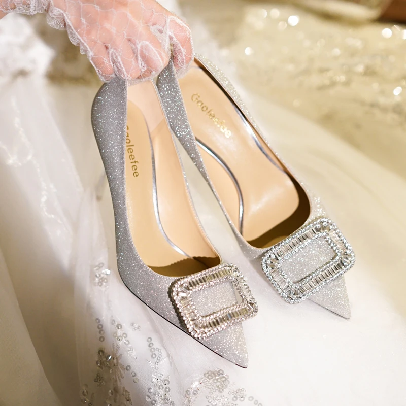 

Женские туфли на высоком каблуке, новинка 2025, темпераментные туфли на тонком каблуке с острым носком и стразами и квадратной пряжкой