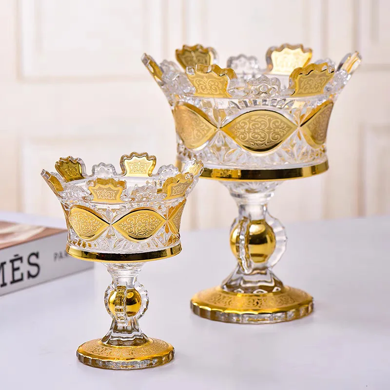Exquisite Golden Crown Fruit Bowl High-Footed European Palace-Style Glass Ornament for Living Room Decoration