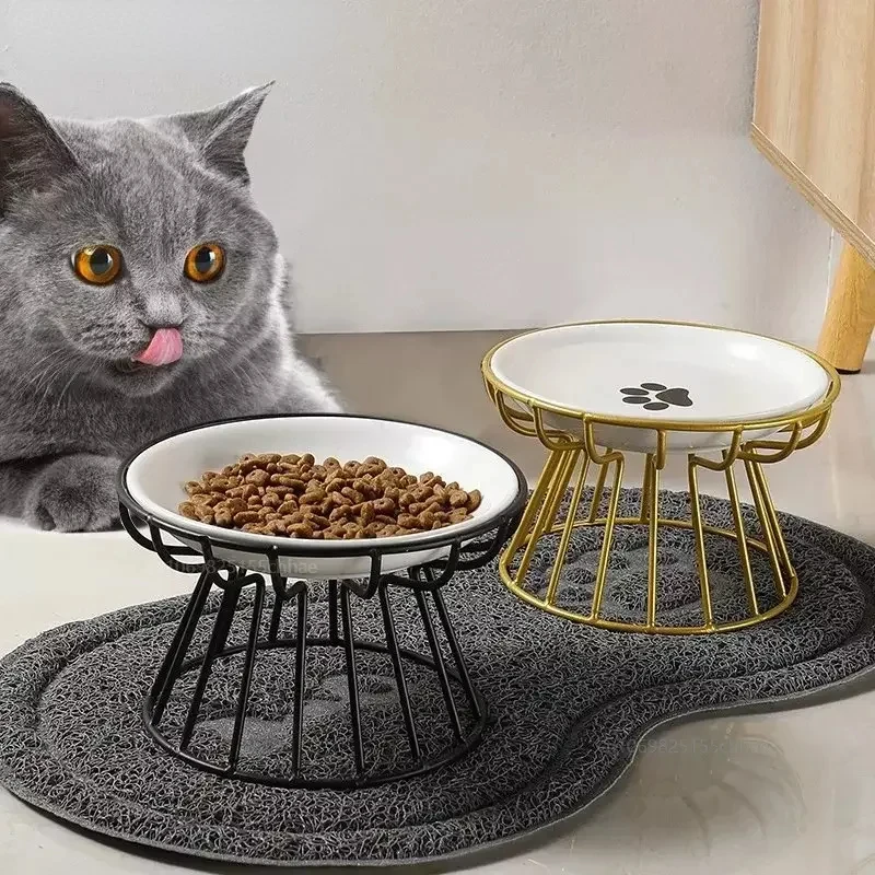 Ceramic Pet Bowl Cat Food Feeding Double Dish Stainless Steel Raised Stand Kitten Dog Water Feeder Durable Pet Accessories Cats