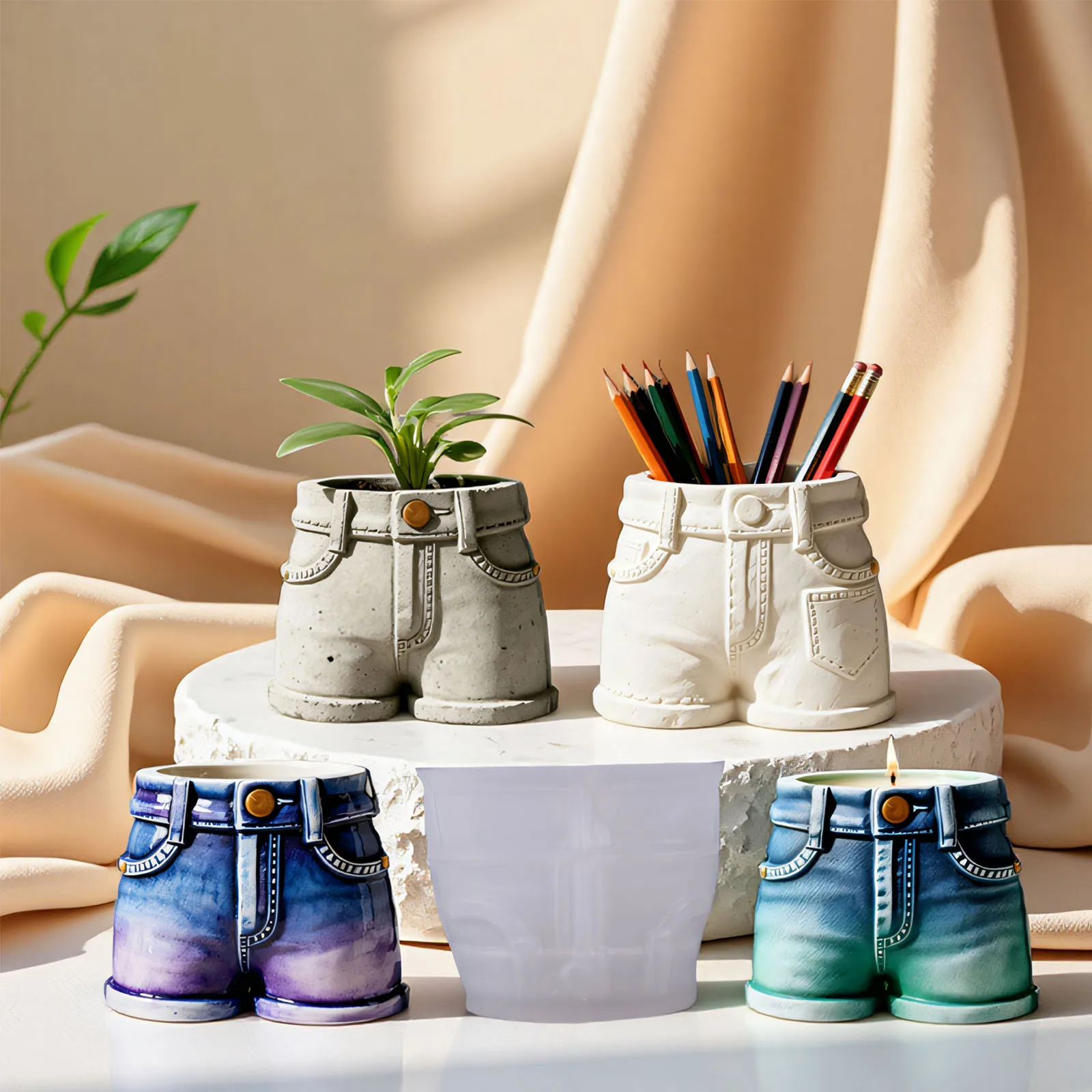 Denim-Patterned Candle Cup Silicone Mold DIY Succulent Plant Flowerpot Molds Concrete Gypsum Vases Resin Pen Holders Mould