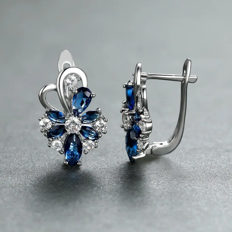 Blue Sapphire Earrings Flower Clip Earring Drop Earrings for Women Vintage Haute Couture Accessories