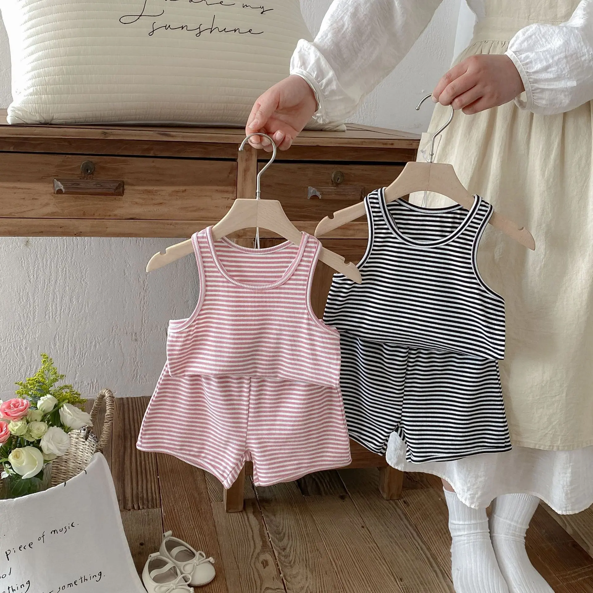 2026 Summer New Children Sleeveless Striped Clothes Set Boys Girls Striped Vest + Shorts 2pcs Suit Kids Cotton Casual Outfits