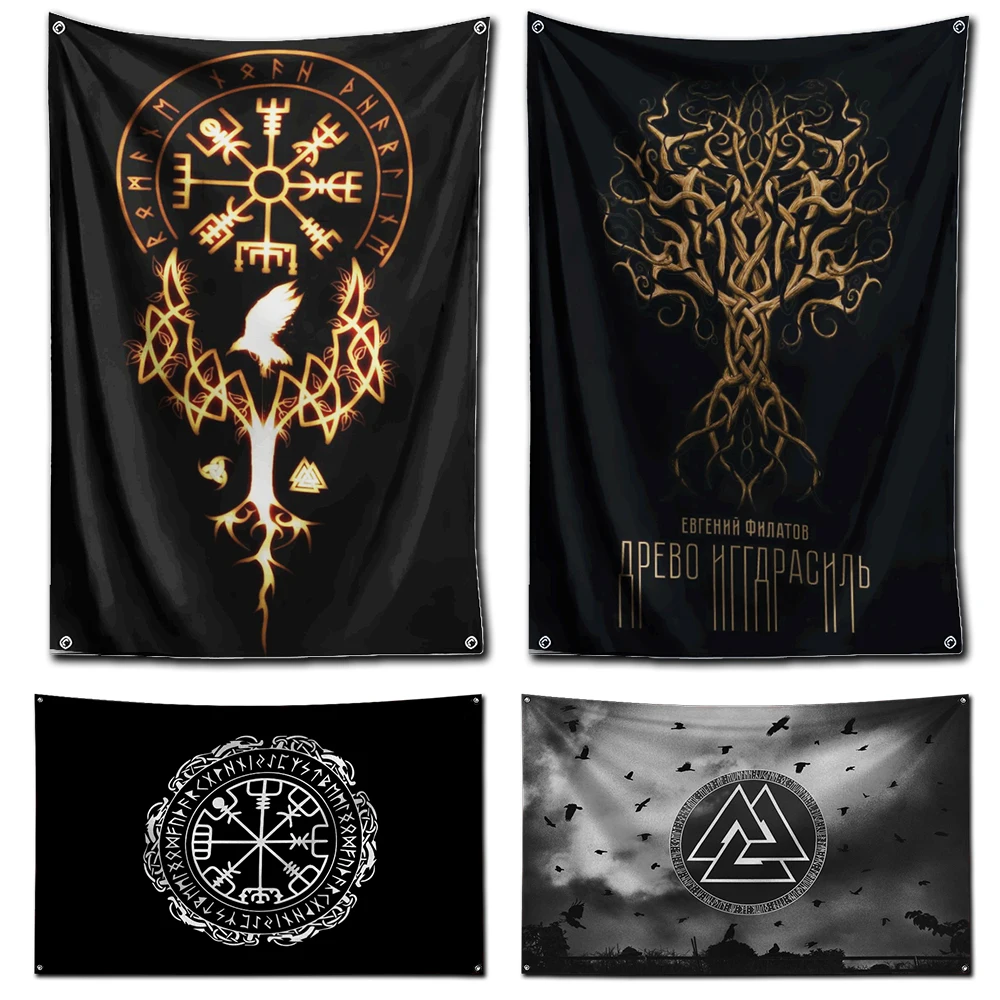 3x5 Ft Viking Nordic Mystical Symbol Flag Polyester Digital Printing Banner for Living Room Wall Art Out Door Decoration
