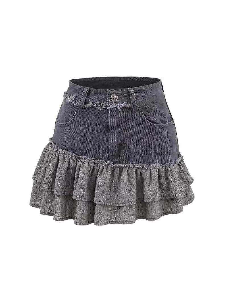 Retro American Waed Denim Skirt Women's Summer f-length Irregular ort Skirt High Waist Street Sle  Color